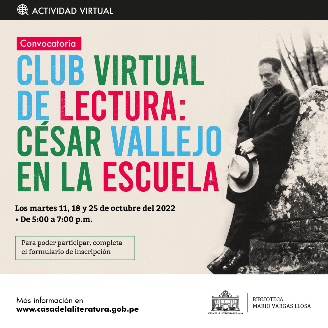 casaliteratura's tweet photo. El nuevo ciclo del Club de Lectura de la Casa de la Literatura Peruana estará dedicado a una serie de textos que exponen los vínculos de la obra de César Vallejo con la niñez y la escuela. Pueden postular en este enlace: https://t.co/fXxpMlDI5o https://t.co/3TBaDP5ilS