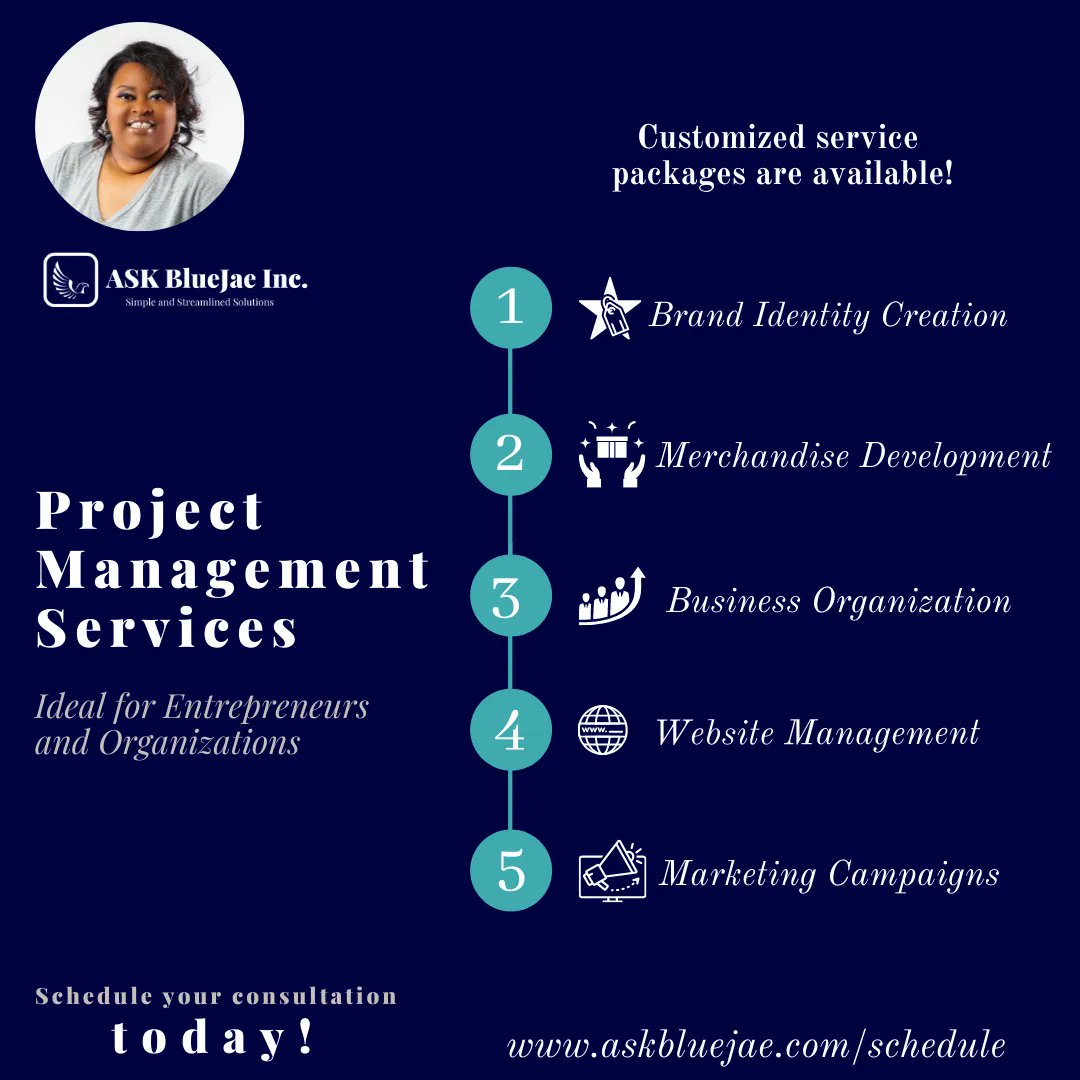 ASKBlueJae's tweet photo. @ASKBlueJae services include:
*Business and Organization Preparation 
*Website and Social Media Management 
*Project Management 
*Merchandise Development 
Contact us to schedule
https://t.co/QOKwRL4on1 
#askbluejae #consultant #merchandise #promotionalmarketing #businessmentor https://t.co/ICkwiJQGtB