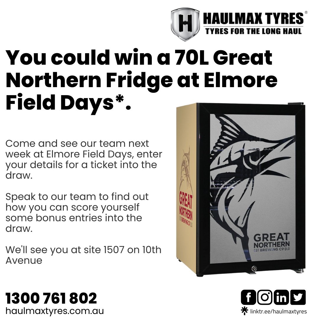 HaulmaxTyres's tweet photo. This year at Elmore Field Days we are giving away a 70L Great Northern beer fridge. Come along and see the team at site 1507 on 10th Avenue to go in the draw.

Additional entries are available, speak to our team for all the ways you can win additional entries. https://t.co/kXLNFaj7VT