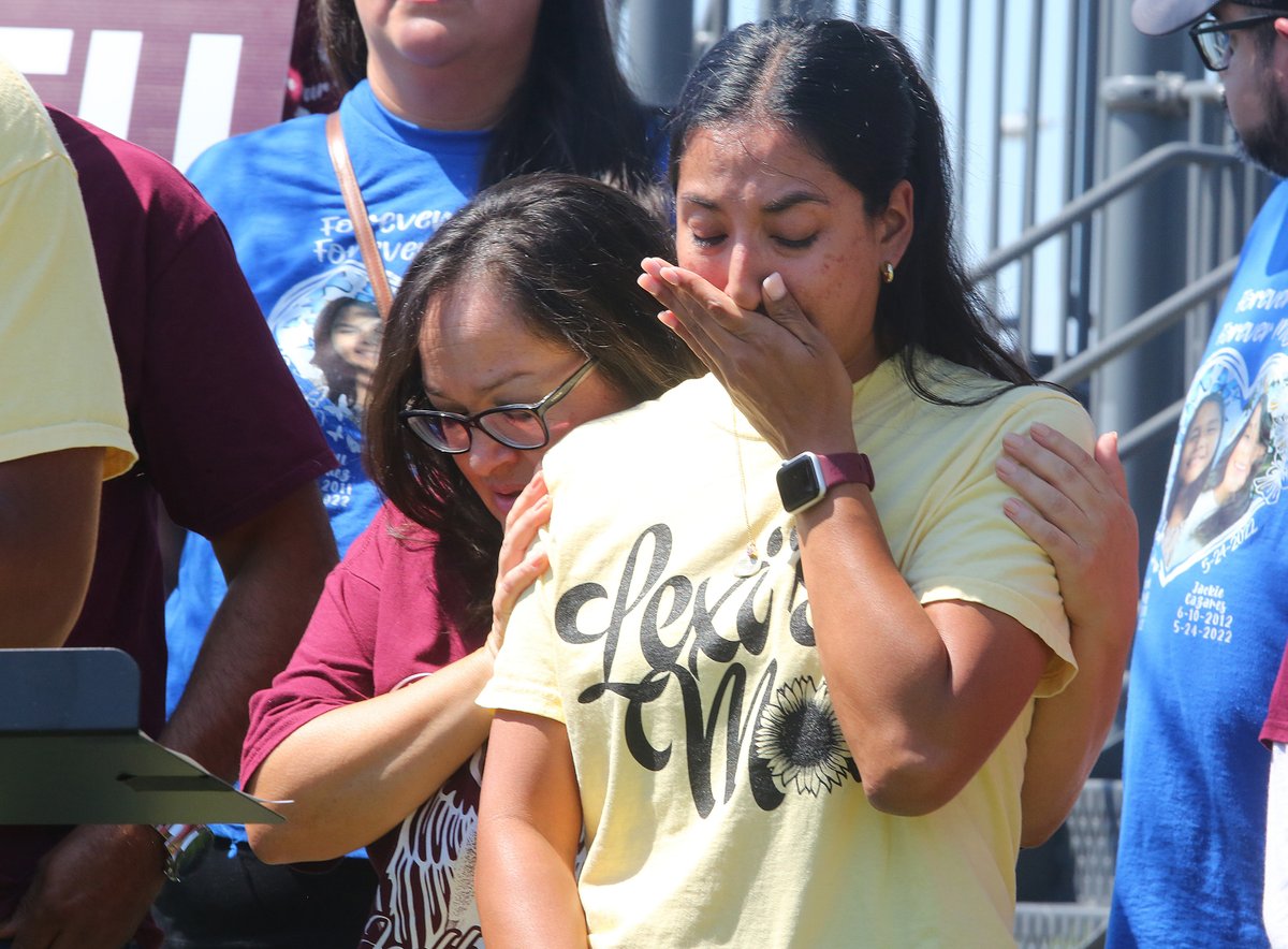 Kimberly Rubio, mother of Robb Elementary slain student Alexandria Aniyah Rubio, is comforted after speaking as Texas gubernatorial candidate Beto O'Rourke and some of the family members of the children who lost their lives at Robb Elementary in Uvalde hold a news conference at Fountain Park on Friday, Sept. 30, 2022, in Edinburg. (Joel Martinez | jmartinez@themonitor.com)