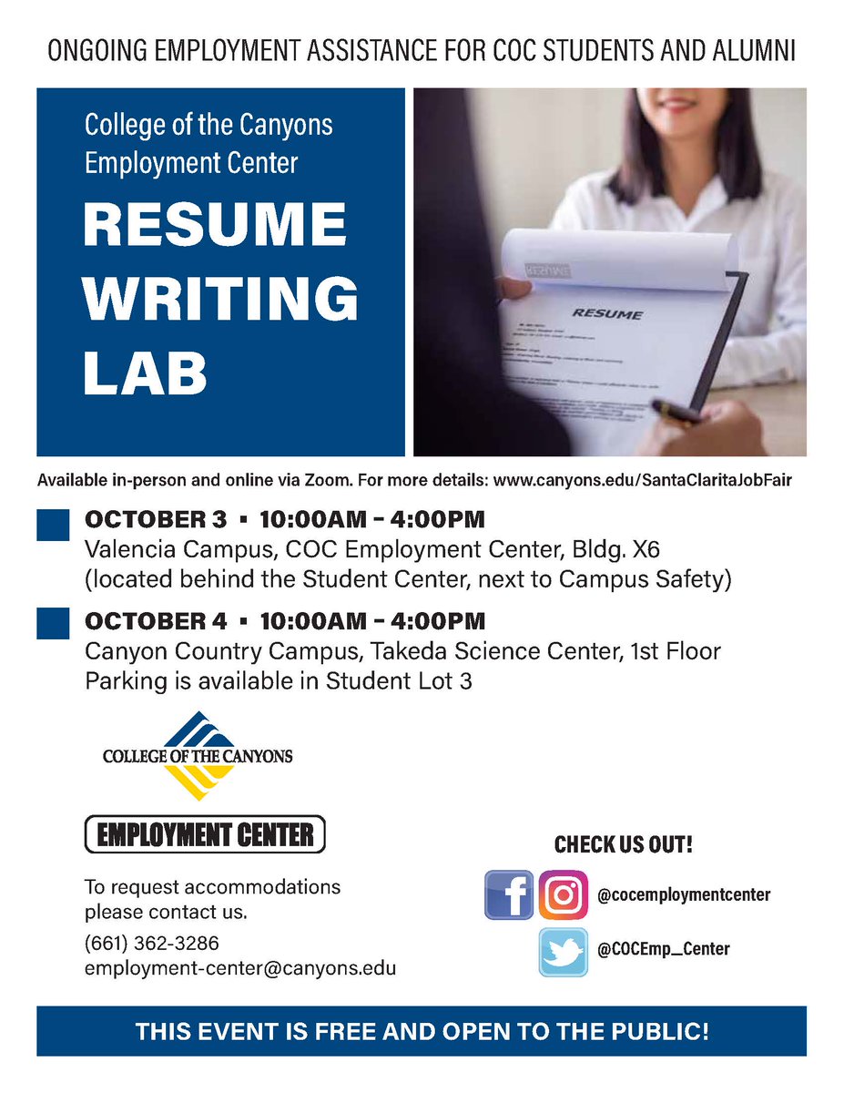 COCEmp_Center's tweet photo. Need help creating or updating your resume? Join us on Monday and Tuesday next week, in-person or online. For more details: https://t.co/jYp56pvOP5
#scvjobfair #scvjobs #santaclaritavalley #resume https://t.co/L1L9DHj1Nr