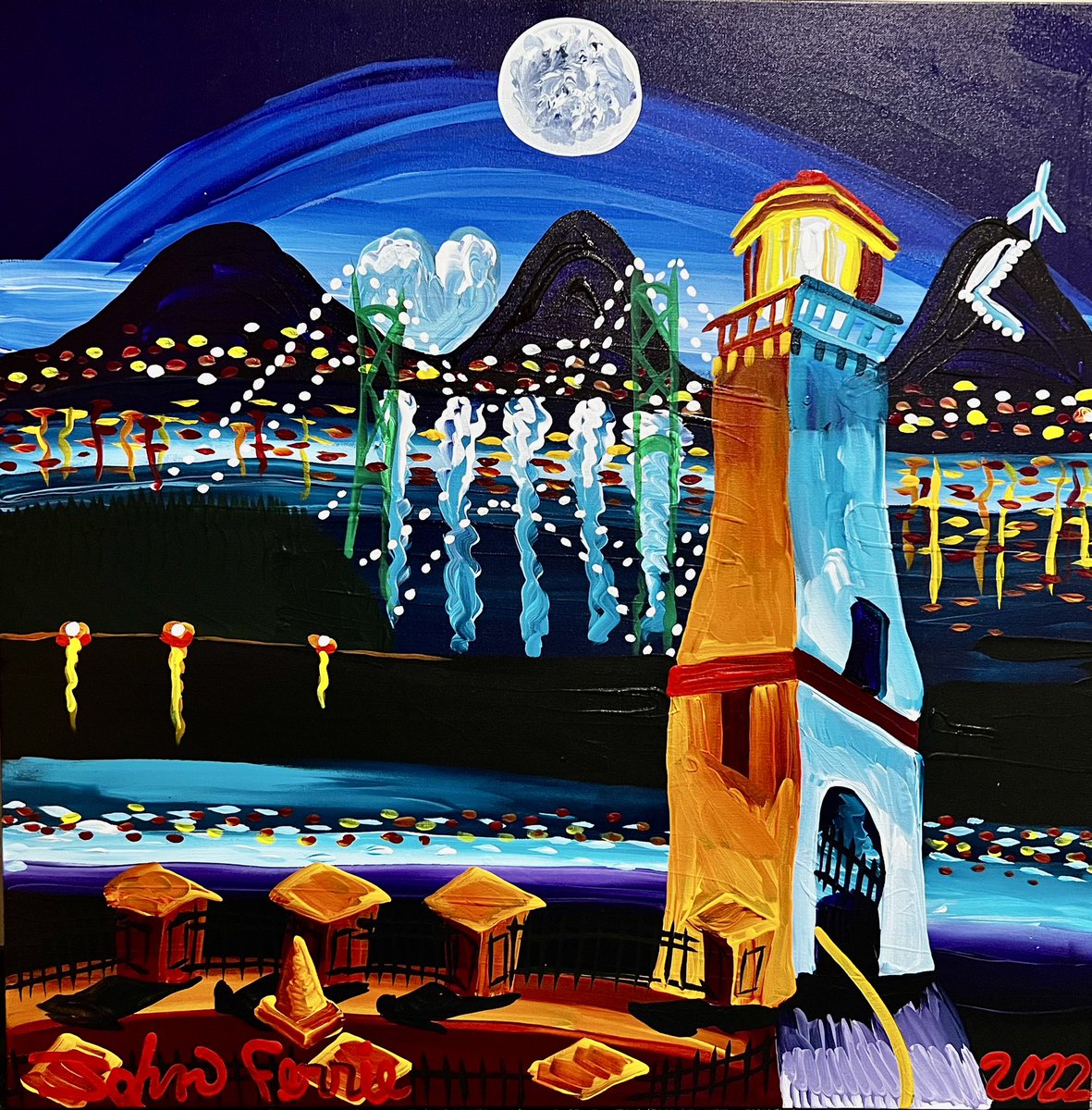 Ok, DOTC, "Lighthouse II", 36" x 36", acrylic on canvas with KRink, 2022. AVAILABLE. Only $500.00. #painting