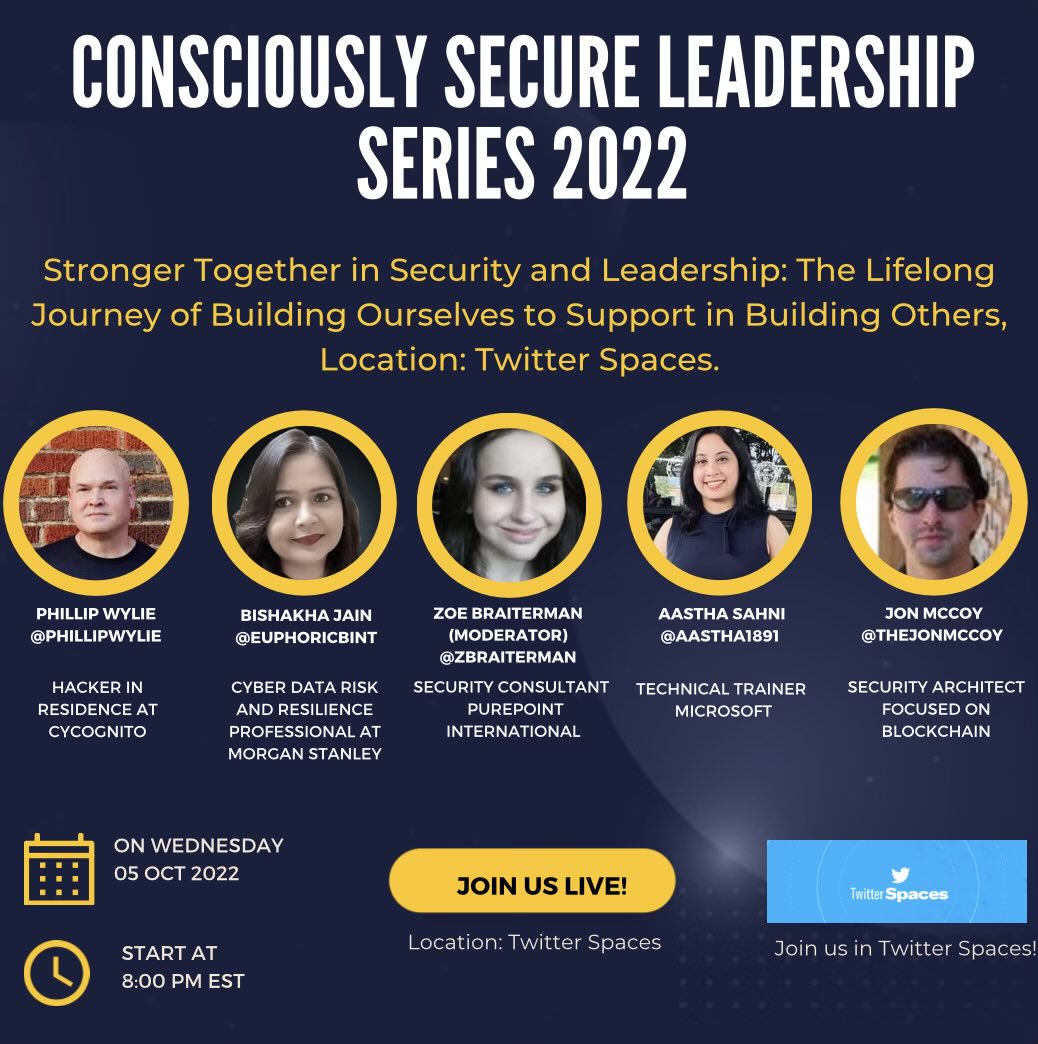Zoe Braiterman (@zbraiterman) on Twitter photo Encouraging you to join #cybersecurity leaders, <a href="/PhillipWylie/">Phillip Wylie</a>, <a href="/euphoricbint/">Bishakha Jain</a>, <a href="/aastha1891/">Aastha Sahni</a>, <a href="/thejonmccoy/">Jon McCoy</a>, <a href="/jessrobin96/">Safety, Security, Inclusion, & LOVE</a> and me next Wednesday (October 5th) for a <a href="/PurIntl/">PurePointInt'l</a> #ConsciouslySecureLeadership virtual Summit panel! Encouraging you to join #cybersecurity leaders, <a href="/PhillipWylie/">Phillip Wylie</a>, <a href="/euphoricbint/">Bishakha Jain</a>, <a href="/aastha1891/">Aastha Sahni</a>, <a href="/thejonmccoy/">Jon McCoy</a>, <a href="/jessrobin96/">Safety, Security, Inclusion, & LOVE</a> and me next Wednesday (October 5th) for a <a href="/PurIntl/">PurePointInt'l</a> #ConsciouslySecureLeadership virtual Summit panel!