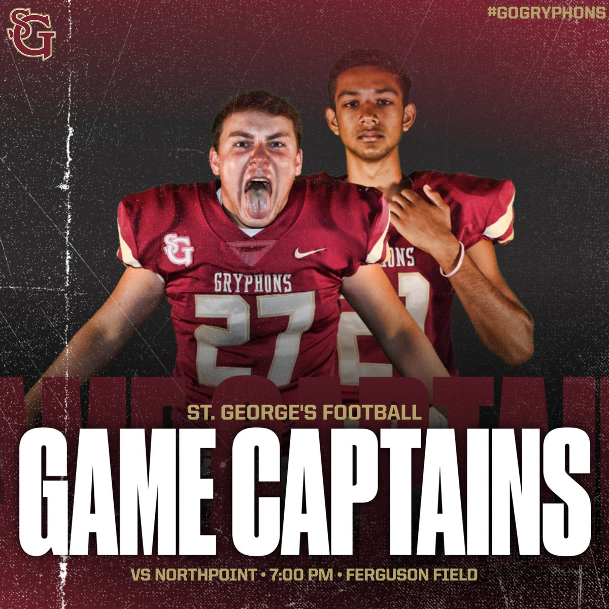 SGGryphFootball's tweet photo. Tonight's Game Captains against Northpoint - Justin Bourdeau and Dev Dalsania! Congrats men! #GoGryphons #WIBTM https://t.co/xMhGuJVcfl