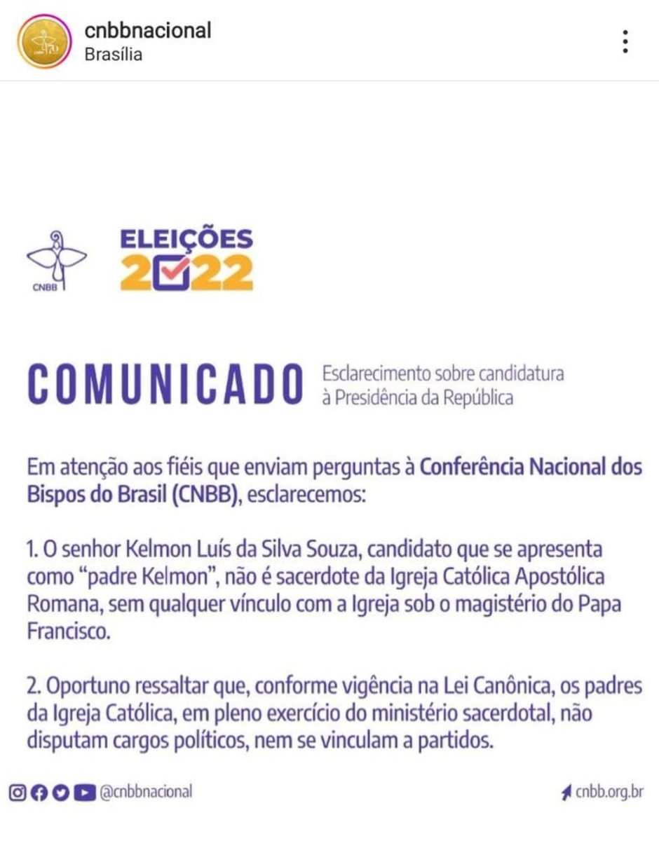 Para que não reste dúvidas, Conferência Nacional dos Bispos do Brasil, a CNBB, emite nota oficial e reconfirma: Padre Kelmon não é sacerdote da Igreja Católica Apostólica Romana!