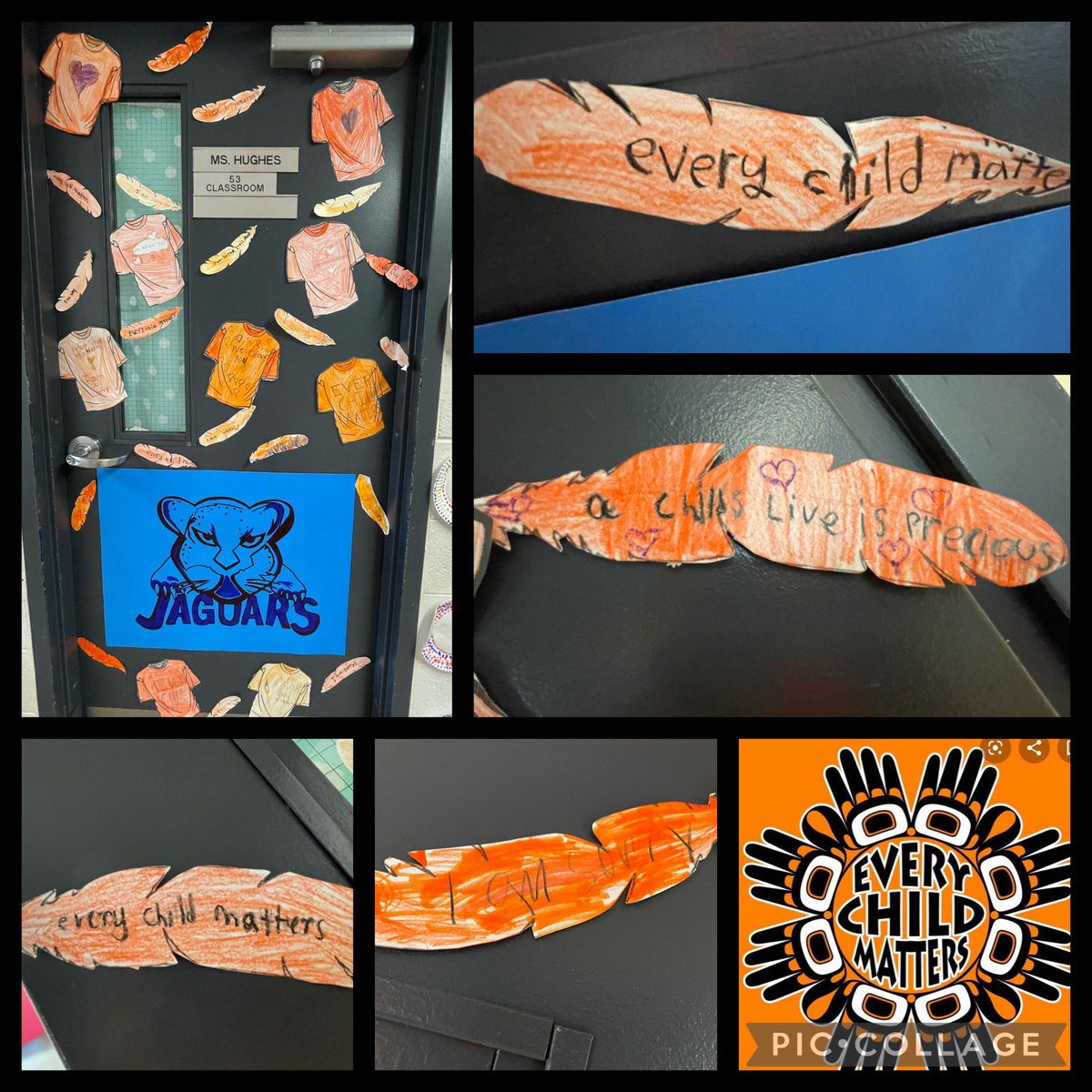 EIMGrade3's tweet photo. We talked. We listened.  We cared and will continue to care. Ss wrote messages on feathers to residential school survivors, designed their own orange shirt, amongst other activities throughout the day. #everychildmatters #orangeshirtday #ndtr @EIMJaguars https://t.co/7G5jQnJv8Q