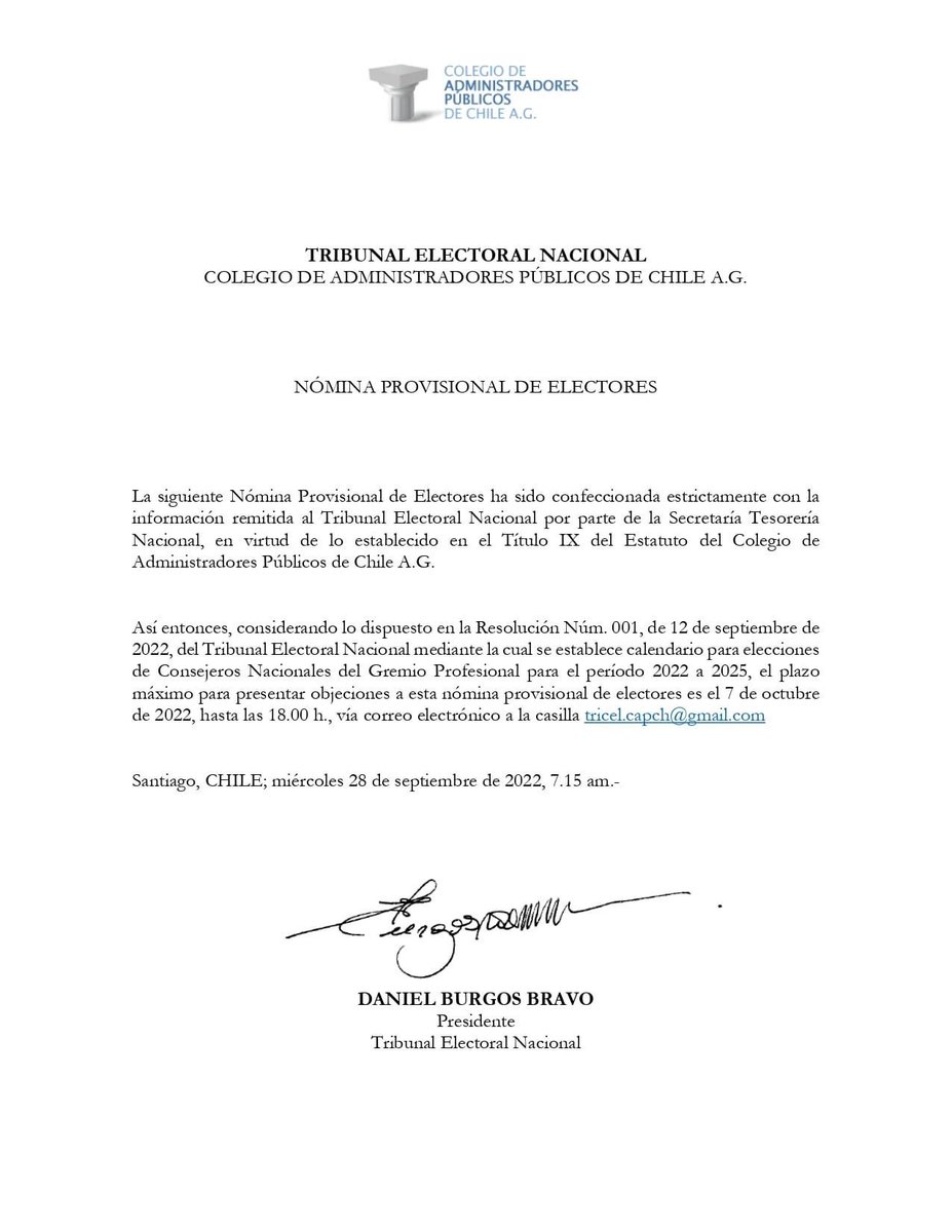 colegioap's tweet photo. Estimadas y estimados colegas: se remite nómina provisoria de electores para las elecciones 2022-25. Saludos https://t.co/16xU4Q4hJT