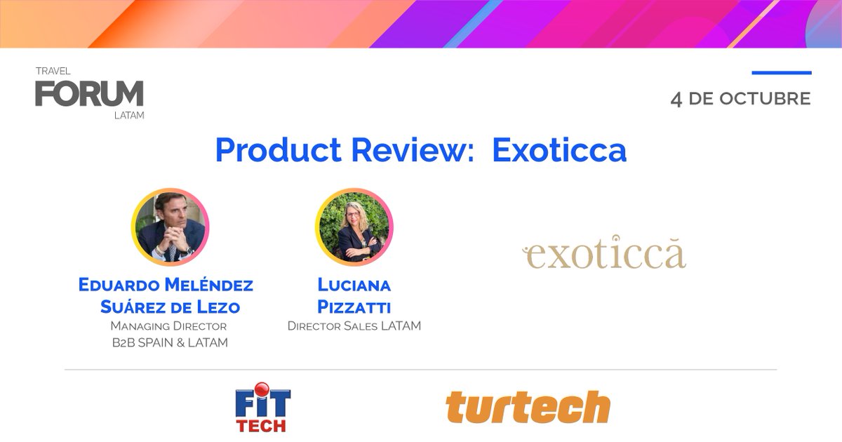 turtech_travel's tweet photo. ¡Tenemos más novedades de Product Review en el #TravelForumLatam #FITtech!⚡
Eduardo Meléndez y Luciana Pizzatti nos contarán acerca de @exoticca , turoperador de nueva generación que cuenta con un gran valor centrado en la tecnología y la flexibilidad.
¿Venís?🤩 https://t.co/FRU75vSwgk