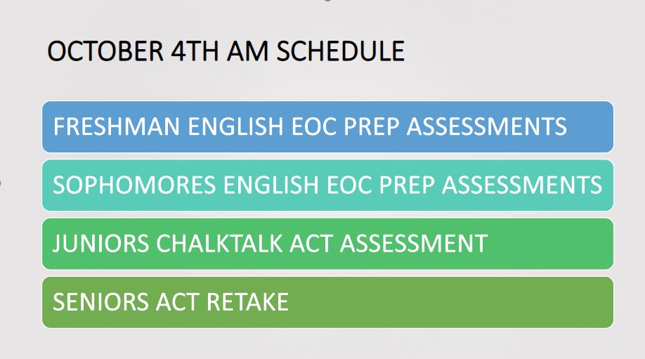 Tuesday October 4th is Senior ACT retake but at SHS we have worked hard to make sure this day is impactful for all students. If you have any questions about the day, please contact Mrs. Reist at jennifer.reist@ccstn.org.