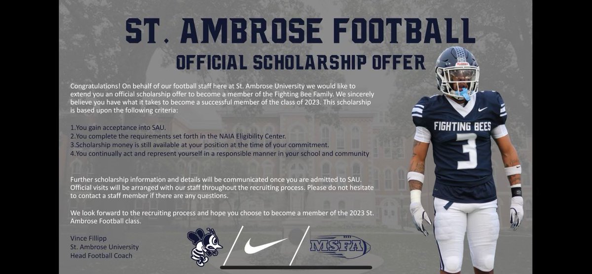 Blessed to receive my second offer to <a href="/stambrose/">St. Ambrose University</a> university!! Thank you to <a href="/SAU_CoachQ/">DeQuinn Watford</a> and the <a href="/FightingBeesFB/">St. Ambrose Football</a> for taking a chance on me!! #AG2G #FightingBees
