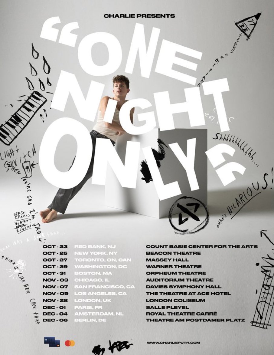8787cp's tweet photo. 【#CharliePuth shows】
Oct 7 #CHARLIE
Oct 23 NJ #OneNightOnlyTour
Oct 25 NY
Oct 27 Toronto
Oct 29 DC
Oct 31 Boston
Nov 3 Chicago
Nov 7 San Francisco
Nov 9 LA
Nov 28 London
Dec 1 Paris
Dec 4 Ams
Dec 7 Berlin
Dec 9 NY #JingleBall
Dec 12 Philly
Dec 15 DC
Dec 18 Miami https://t.co/1jDHLDt51M