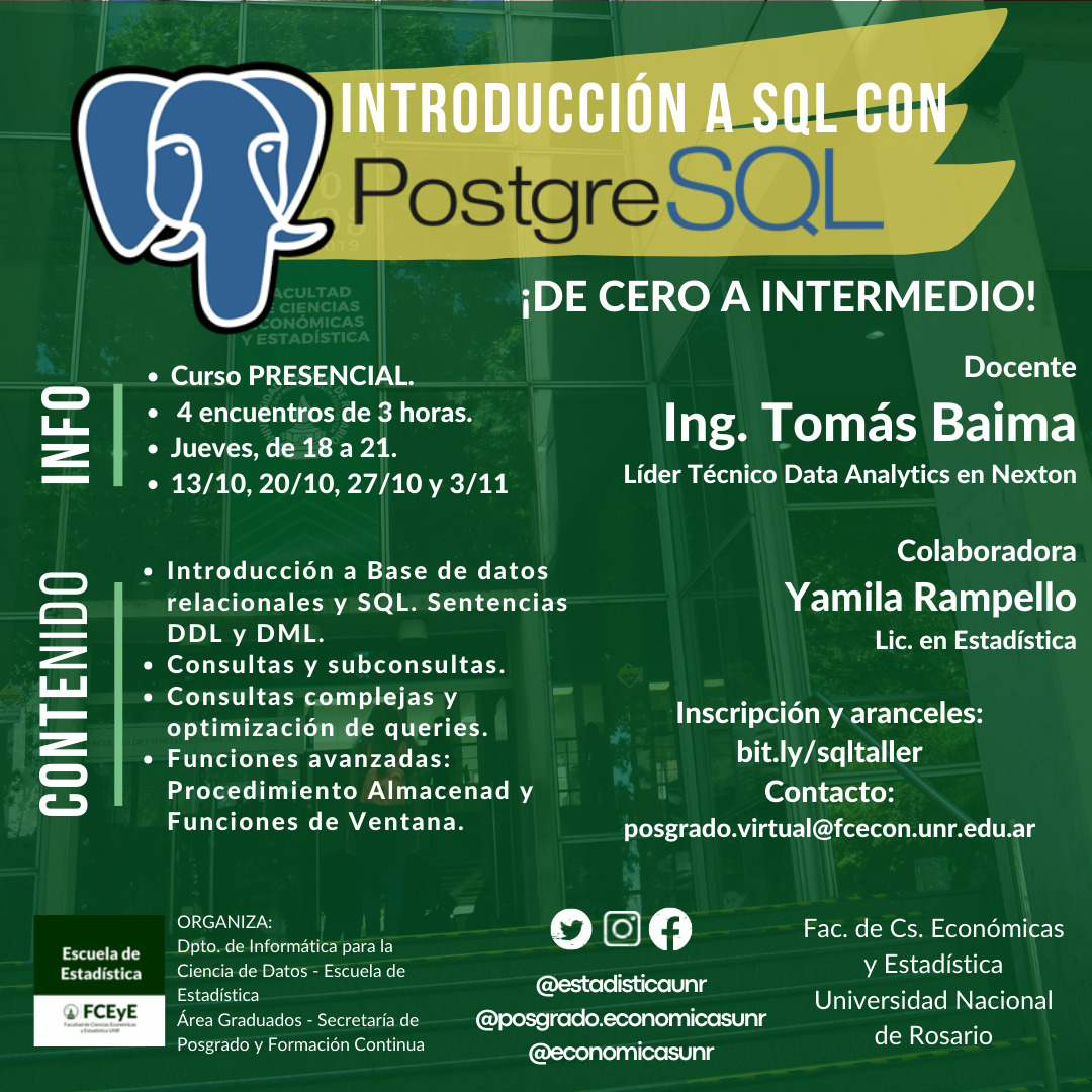 EstadisticaUNR's tweet photo. 🔊 ¡Nueva oportunidad para seguir aprendiendo! 🔊

💻 Introducción a SQL con PostgreSQL: ¡De 0 a intermedio! 💻

👥 Curso presencial a cargo del Ing. Tomás Baima junto a la Lic. Yamila Rampello.

‼️ Nuevo curso: Introducción a SQL con PostgreSQL https://t.co/taFD3NLrOB