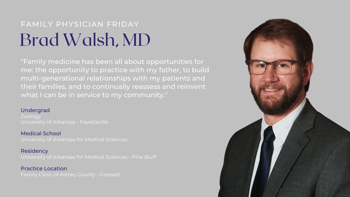 It's #FamilyPhysicianFriday! As program director, Dr. Walsh is developing the future Crossett FM residency program. Outside of clinic, you'll see him fly fishing, boat building, hiking - anything outside!
#familymedicine #ruralpractice
<a href="/AshleyCountyMed/">ACMC</a>