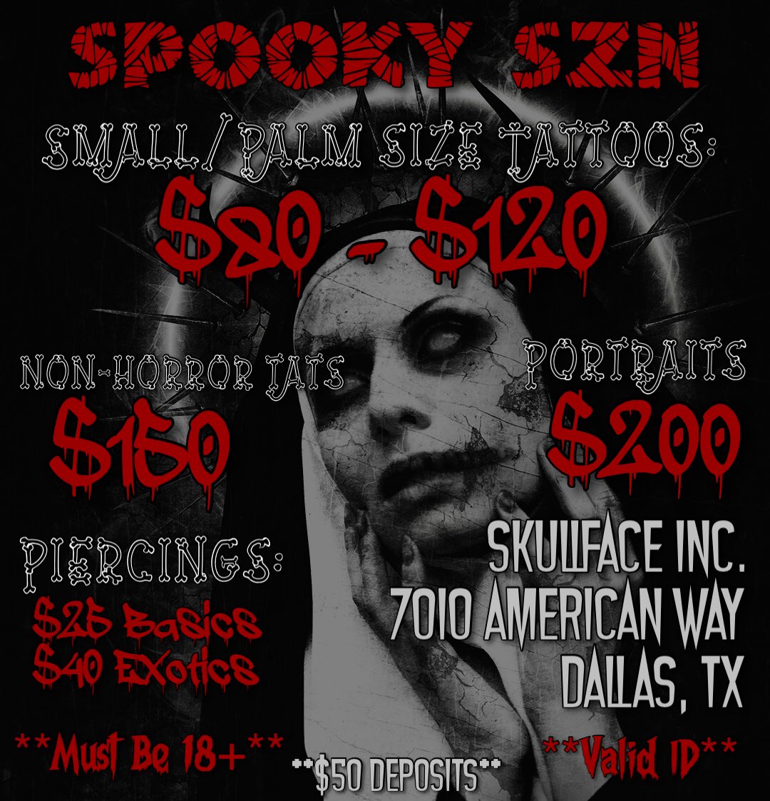 It’s spooky season 🕸🎃❤️‍🔥‼️ Whole month me & the homies doing palm size Horror Tats, even small tats that’s not horror starting TOMORROW.

Piercing special going also.

**APPOINTMENTS ONLY ⚠️**

#DayummDez #DËZ #dayummdezartllc #dallasentrepreneurs #horrornights #spookyseason