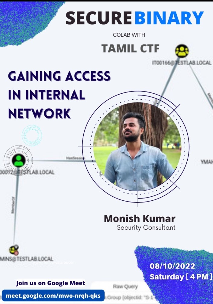 thesecurebinary's tweet image. We invite you to an exciting session about "Gaining access to internal networks" with @aidenpearce369 , our founder and coordinator.
Date: 08-10-2022 (Saturday)
Time: 4 PM
Session link: meet.google.com/mwo-nrqh-qks
Don't miss it out!!!
Collab with @tamilctf
#redteaming