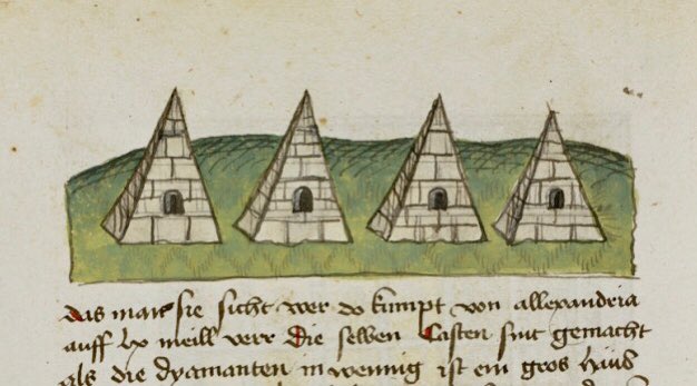 JuditVerdaguer's tweet image. Com si fós la Lonely Planet medieval, aquest còdex del s. XV era una guia pels pelegrins que viatjaven a Terra Santa. Recomenava visitar les piràmides d'Egipte, amb un text que dóna fe de la creença medieval, de que en lloc de tombes monumentals, eren els graners dels faraons.