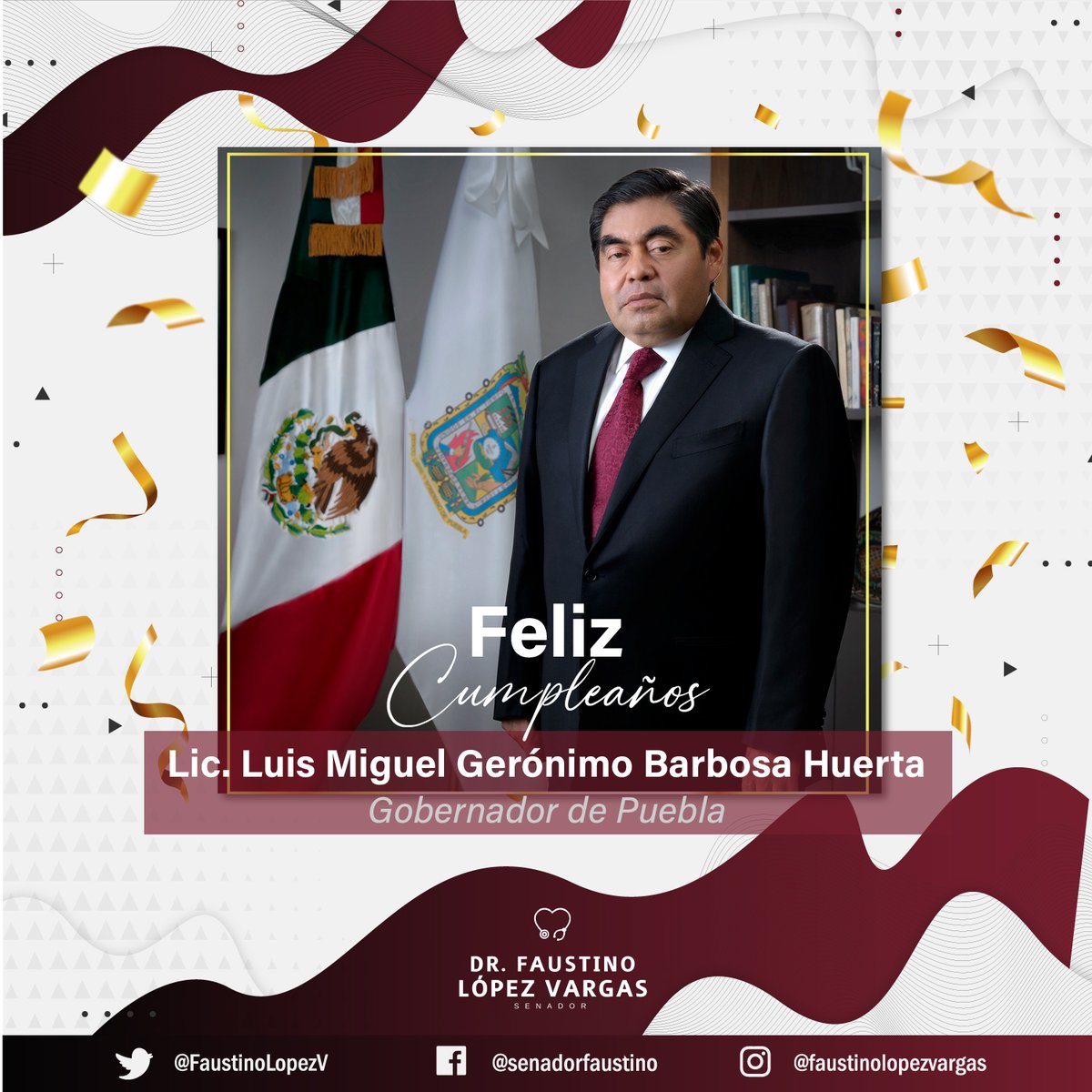 Externo una grata felicitación por motivo de su cumpleaños al Lic. <a href="/MBarbosaMX/">Miguel Barbosa ✞</a>  🎉
Gobernador de Puebla. 
Le deseo mucha salud y éxito, que pase un excelente día en compañía de sus amigos y seres queridos.