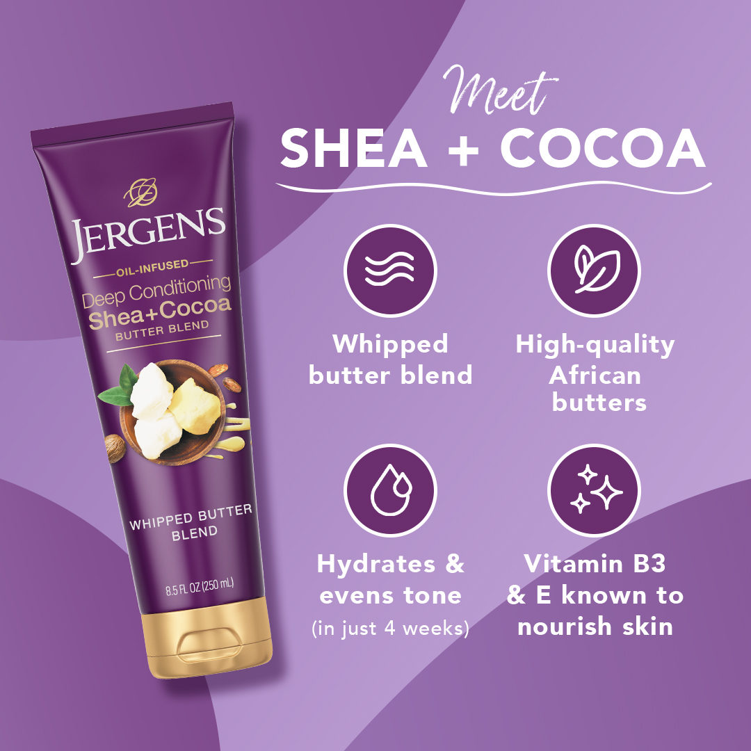 Meet Shea + Cocoa! 💜 This whipped butter blend gives all the benefits you want using:

🌱 Naturally derived Shea butter
🤎 Cocoa Butter known to moisturize
✨ Vitamin B3 &amp; E known to nourish skin