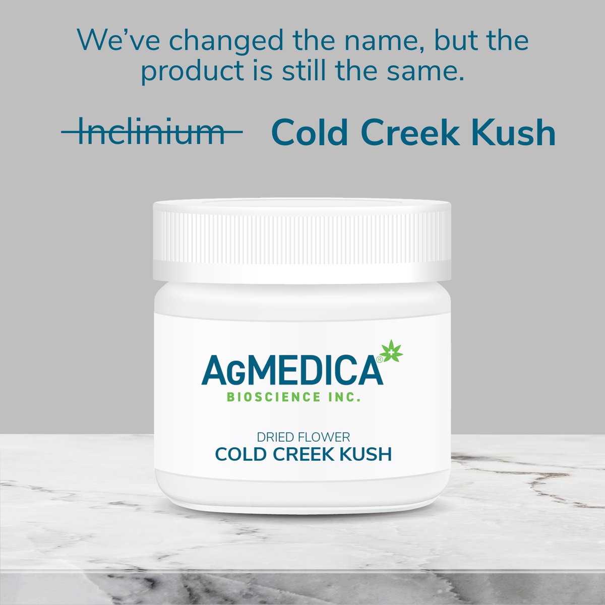AgMedicaBio's tweet photo. We've changed the name, but the product is still the same. AgMedica's popular dried flower product, Inclinium, is now being called Cold Creek Kush. The same excellent quality and consistent cultivar.

#AgMedica #LicensedProducer #AgMedicaBioscience #ColdCreekKush https://t.co/KbIpndS4x4