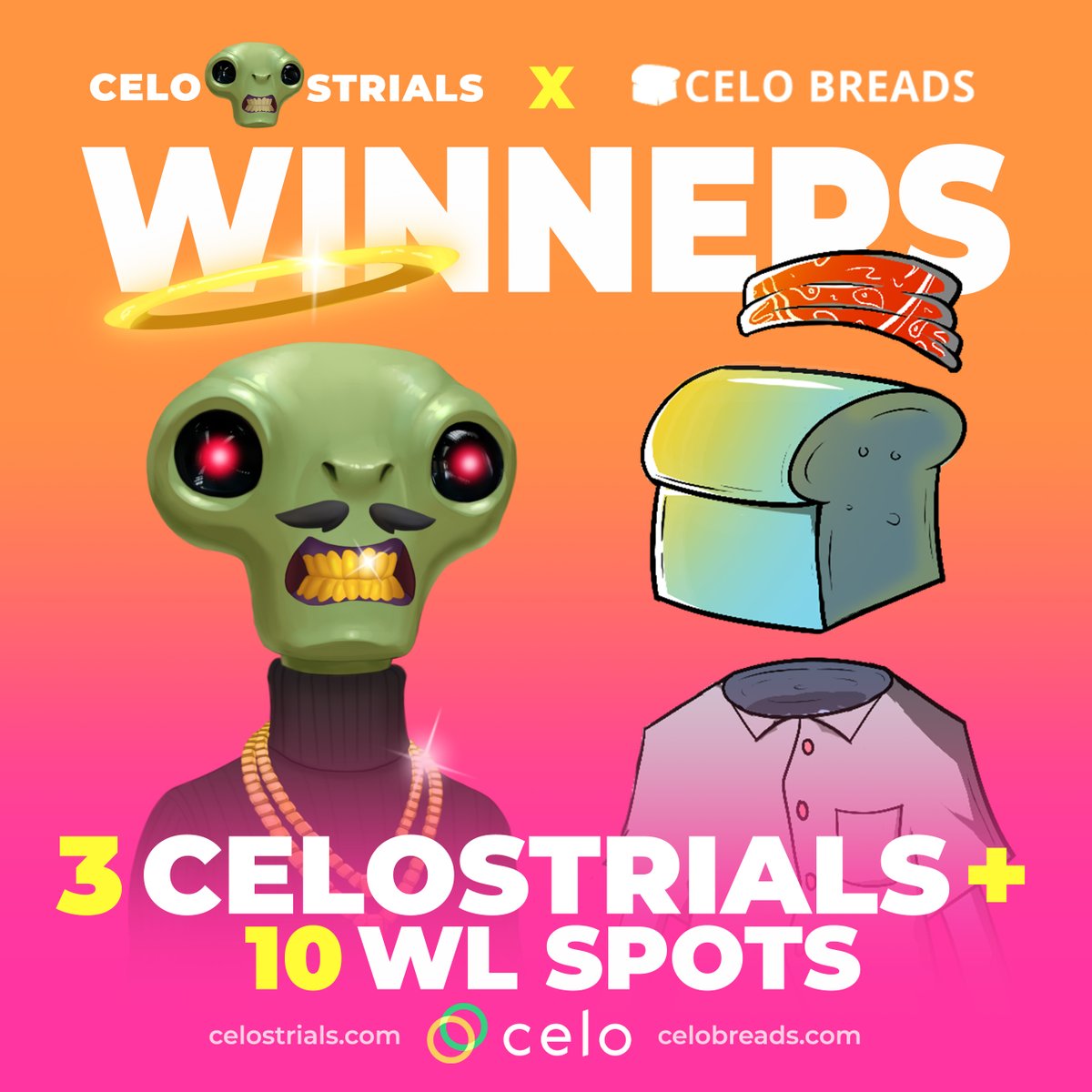 Celostrials 👽🔦 (@celostrials) on Twitter photo Greetings invaders!!🖖🍞
The 3 winners of the <a href="/celostrials/">Celostrials 👽🔦</a> X <a href="/celobreads/">Celo Breads 🍞</a> giveaway have been spotted🎁
A👽Celostrial will be sent to:
<a href="/T2onlyme1/">12David (✸,✸)</a>
<a href="/tri_wijiantoro/">save1.bnb ; 🛸 gym_lover.lens (💙,🧡) , SUISWAP</a>
<a href="/NiddysCryptos/">Niddys Cryptos</a>
🎉Congratulations winners!🎉
All winners will receive 1 Celostrial
#NFTs #CELO #Giveaway Greetings invaders!!🖖🍞
The 3 winners of the <a href="/celostrials/">Celostrials 👽🔦</a> X <a href="/celobreads/">Celo Breads 🍞</a> giveaway have been spotted🎁
A👽Celostrial will be sent to:
<a href="/T2onlyme1/">12David (✸,✸)</a>
<a href="/tri_wijiantoro/">save1.bnb ; 🛸 gym_lover.lens (💙,🧡) , SUISWAP</a>
<a href="/NiddysCryptos/">Niddys Cryptos</a>
🎉Congratulations winners!🎉
All winners will receive 1 Celostrial
#NFTs #CELO #Giveaway