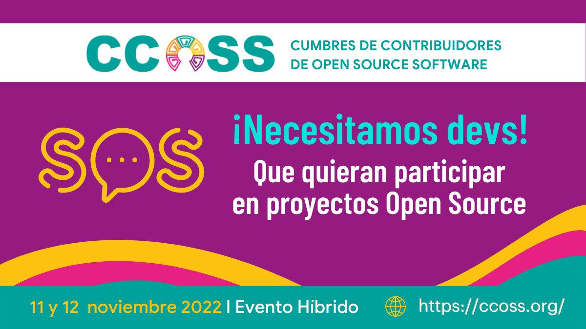RevistaSG's tweet photo. 🆘 Nuestra región necesita de más personas con interés en contribuir a proyectos de #OpenSource. 
¡Participa en #CCOSS y descubre lo sencillo que es!

#CódigoAbierto #OSS https://t.co/IxdfoU1edR