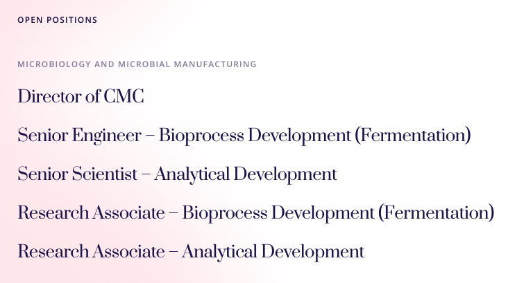 📢 HIRING ALERT: The need for microbial ensembles is greater than ever. With 5 new open positions, we are building our CMC team to advance our first product toward in-human testing 🦠⇄👩🏾‍🤝‍👨🏼. Learn more about the open positions at concertobio.com.