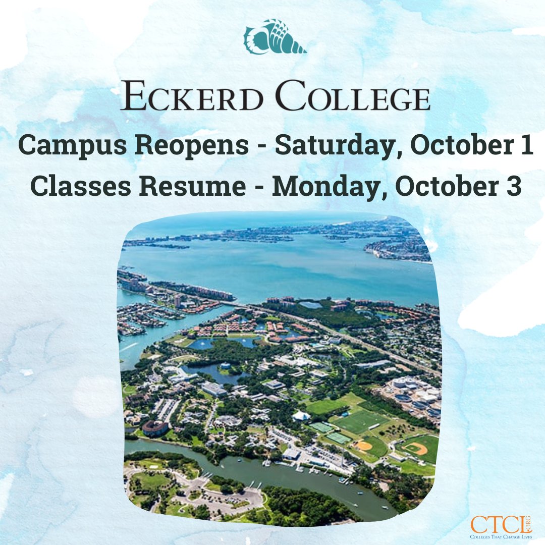 Grateful that CTCL member school, #EckerdCollege, did not sustain major damage as a result of Hurricane Ian, &amp; that students, staff &amp; faculty return to campus soon. Campus reopens TOMORROW: classes resume on Monday.  Be &amp; Stay well, Tritons! Updates at eckerd.edu/tropical.