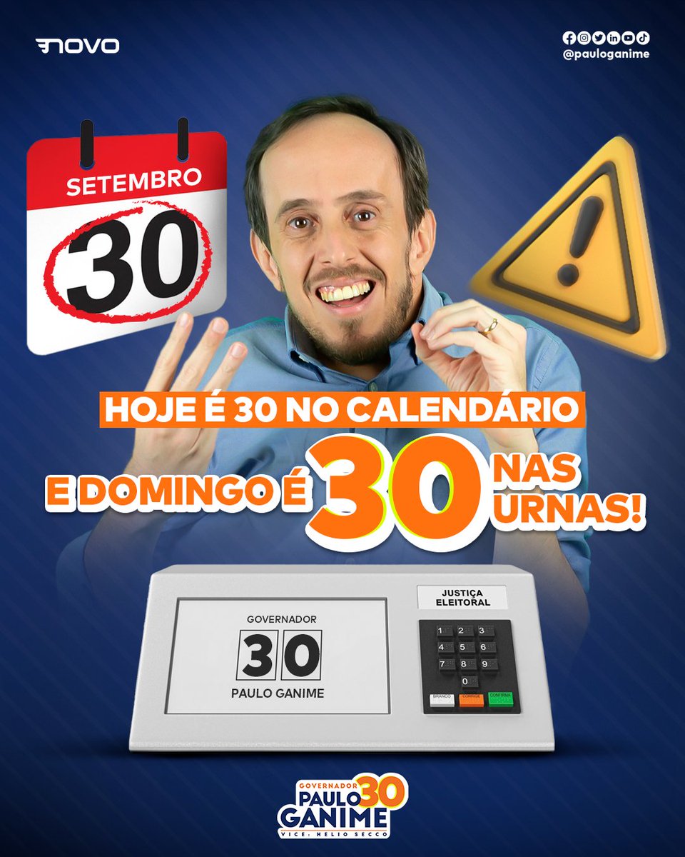 pauloganime's tweet photo. Hoje é dia 3️⃣0️⃣❗🤩

Daqui a dois dias, você vai poder escolher uma história diferente para o RJ.

Vote com coragem, esperança e confiança. Vote pela mudança! 🚀

Vamos juntos!
No dia 2 de outubro, vote Paulo Ganime para governador!

#GanimeGovernador #riodejaneiro #VoteGanime30 https://t.co/8amdvEGpGr