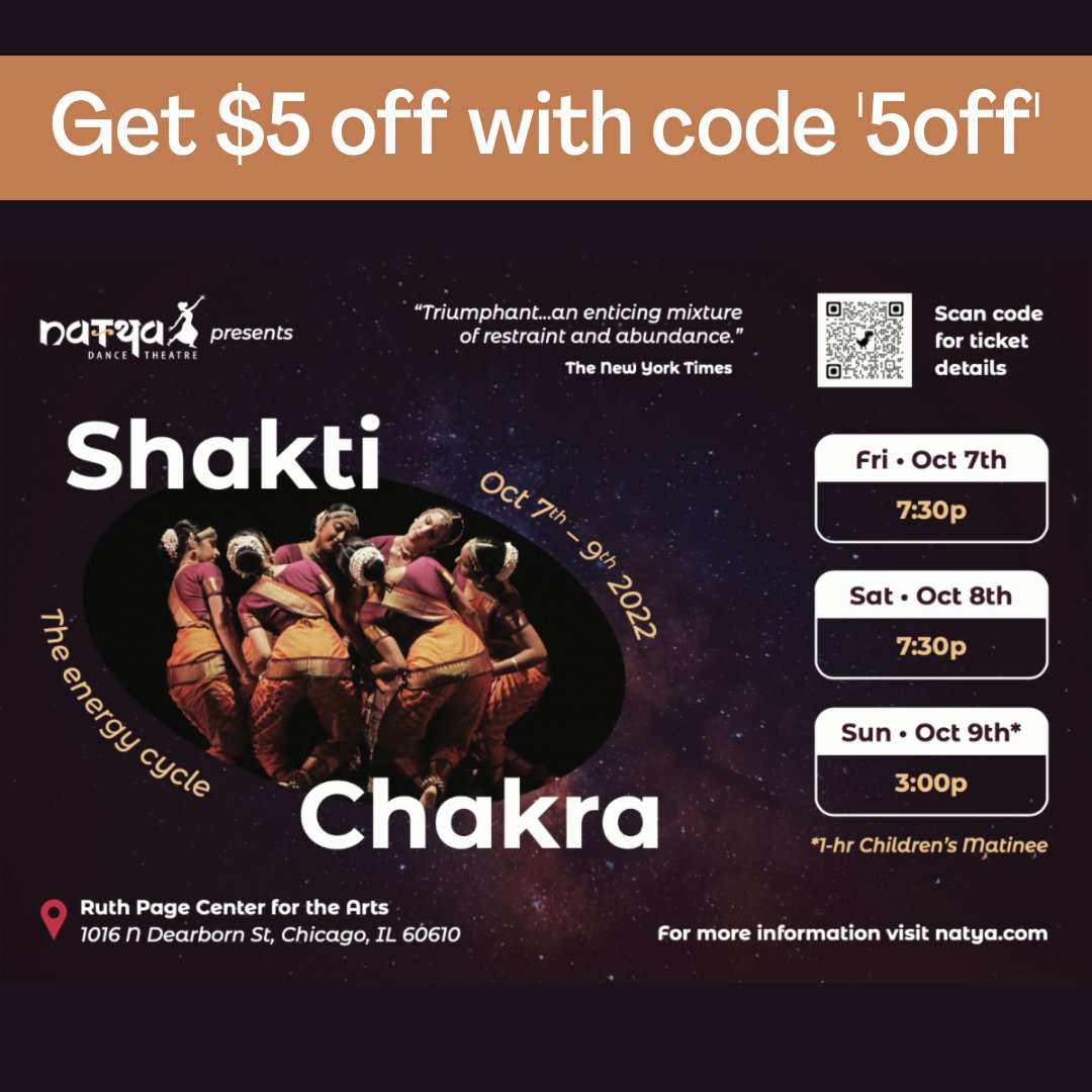 natyadance's tweet photo. We open in just 1 week! Try our discount code '5off' for $5 off any ticket level for any performance of Shakti Chakra: The Energy Cycle. 

Link for Tickets: https://t.co/a9dpn6SY0D 

#breathemoveimagine #NDT #NatyaDanceTheatre #HemaRajagopalan #KrithikaRajagopalan #ShaktiChakra https://t.co/Vt2Mv5pCmP