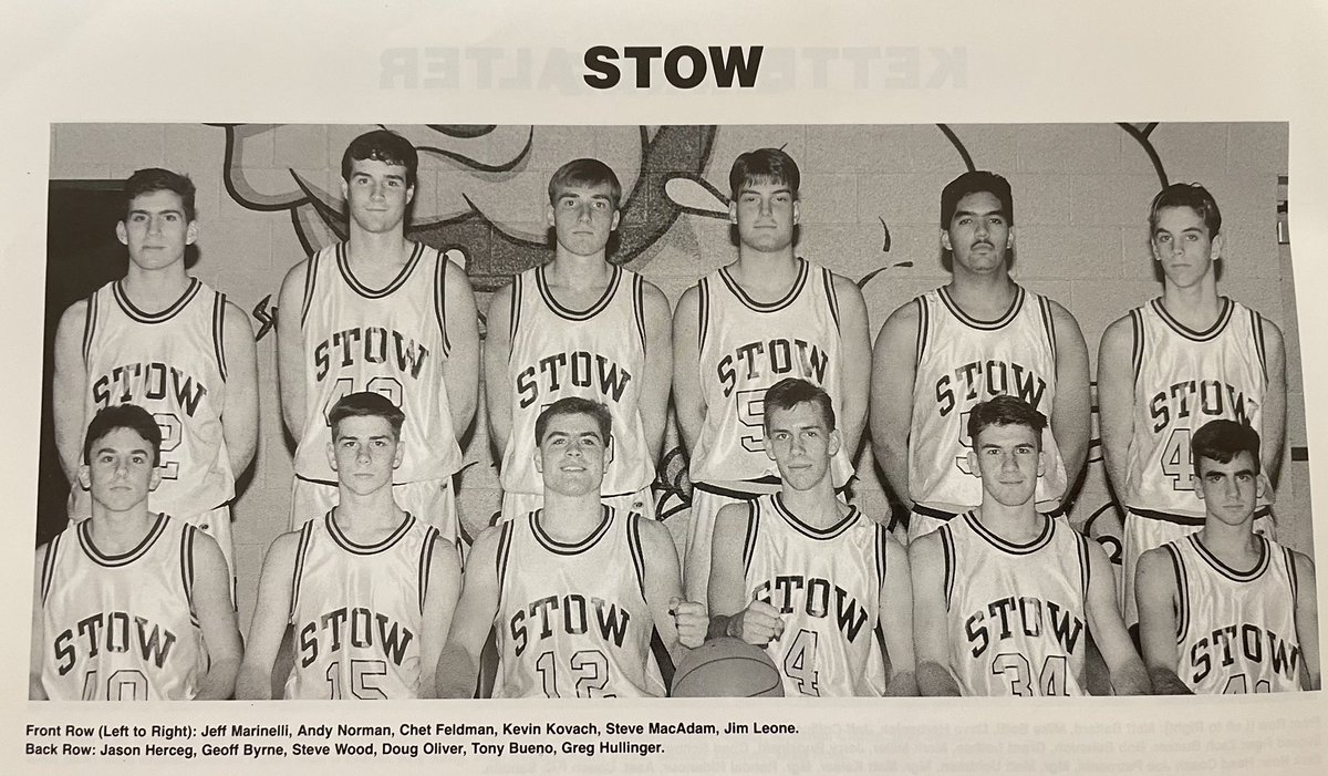 StowBoysHoops's tweet photo. Throwback Thursday lunch bunch watched 1993 “Climbing the Mountain” video yesterday. Team averaged over 93 ppg. Ranked #1 in Ohio, #10 in USA. Led by all-state guards Kevin Kovach &amp; Chet Feldman … and the deepest roster I’ve ever seen. https://t.co/vHukjuHmHU
