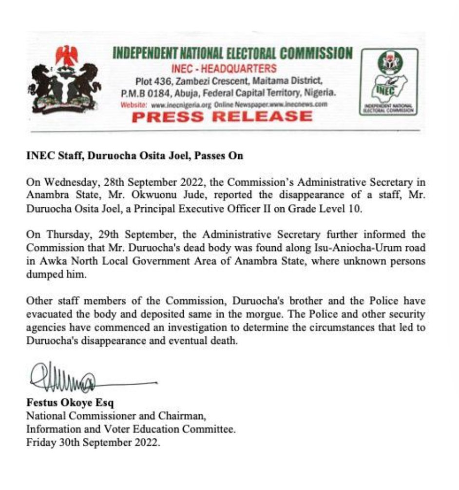 inecnigeria's tweet photo. PRESS RELEASE 
INEC Staff, Duruocha Osita Joel, Passes On https://t.co/AItTQDUVOT