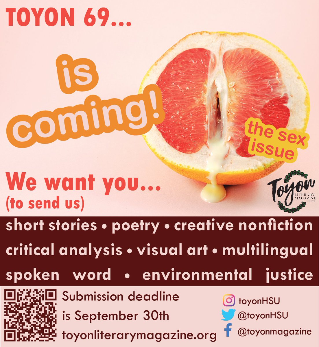 ToyonHSU's tweet photo. We cannot believe that today is our submission deadline. This is the final call for all you waiters and procrastinators out there!

We want you!!!

#Toyon69 #CalPolyHumboldt #WritingCommunity #Artists #Poets #Authors #Litmag #Submissions #Submissionsopen #writersoftwitter https://t.co/bWgPzAIKcI