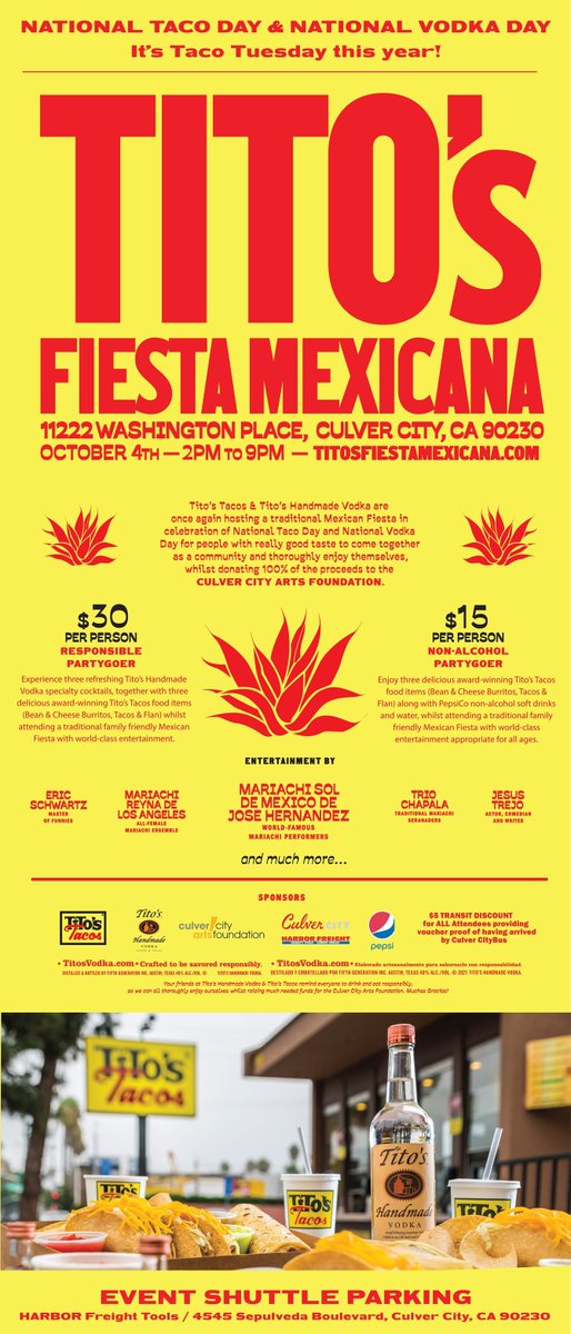 Ride Culver CityBus to Titos’s Fiesta Mexicana &amp; get $5 off the admission price! Let the bus driver know you're heading to the event, &amp; they'll give you an admission coupon. Connect from the Metro to Culver CityBus Lines 1, 6, or 7! Use the Next CCBus app or call (310) 253-6500.