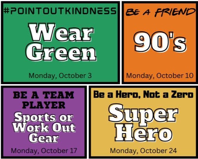 VanBurenHS's tweet photo. Tomorrow is October, which is anti-bullying month. Join our #pointoutkindness campaign by dressing up according to the following themes on Mondays in October! https://t.co/HiHiyD1iYD