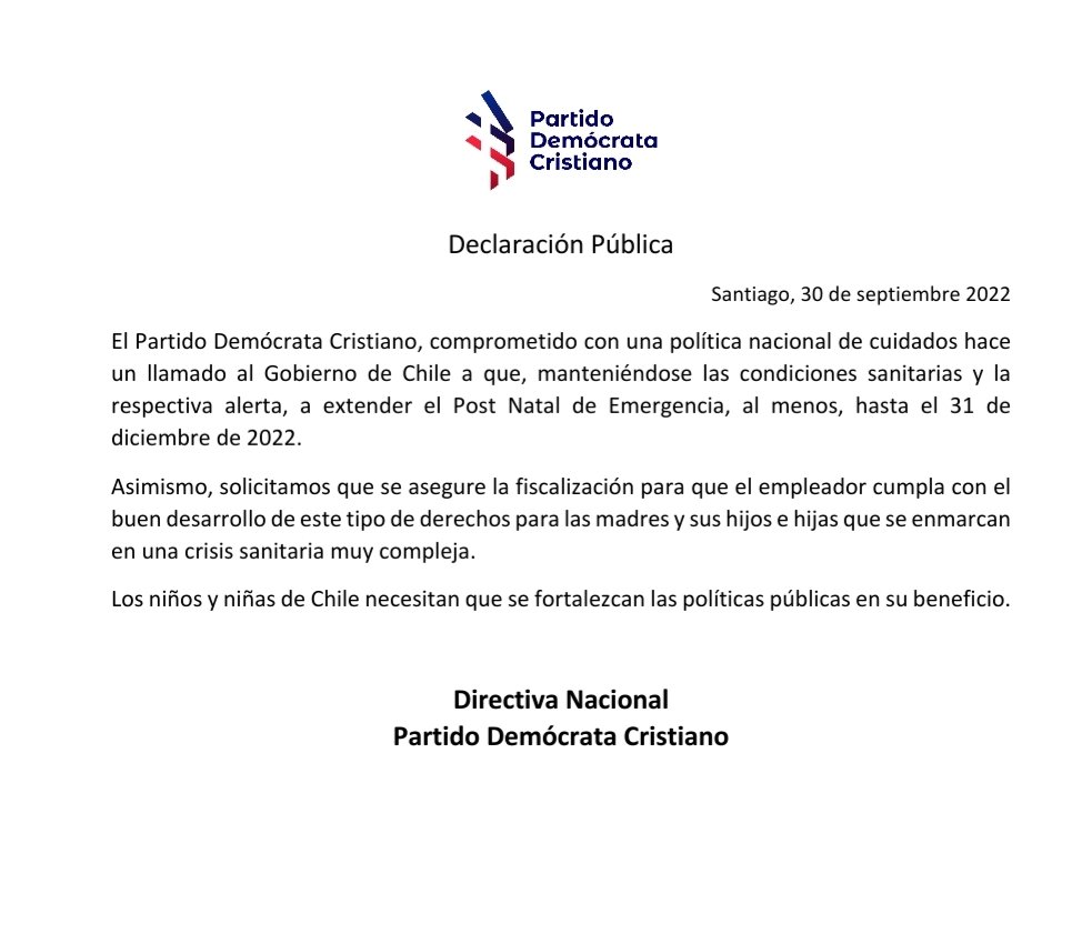 PDC_Chile's tweet photo. 📢 En compromiso con una política nacional de cuidados hacemos un llamado al @GobiernodeChile a que, manteniéndose las condiciones sanitarias y la respectiva alerta, a extender el #PostNatalDeEmergencia. Los niños y niñas necesitan que se fortalezcan las políticas en su beneficio https://t.co/Aq8H3mpdYF