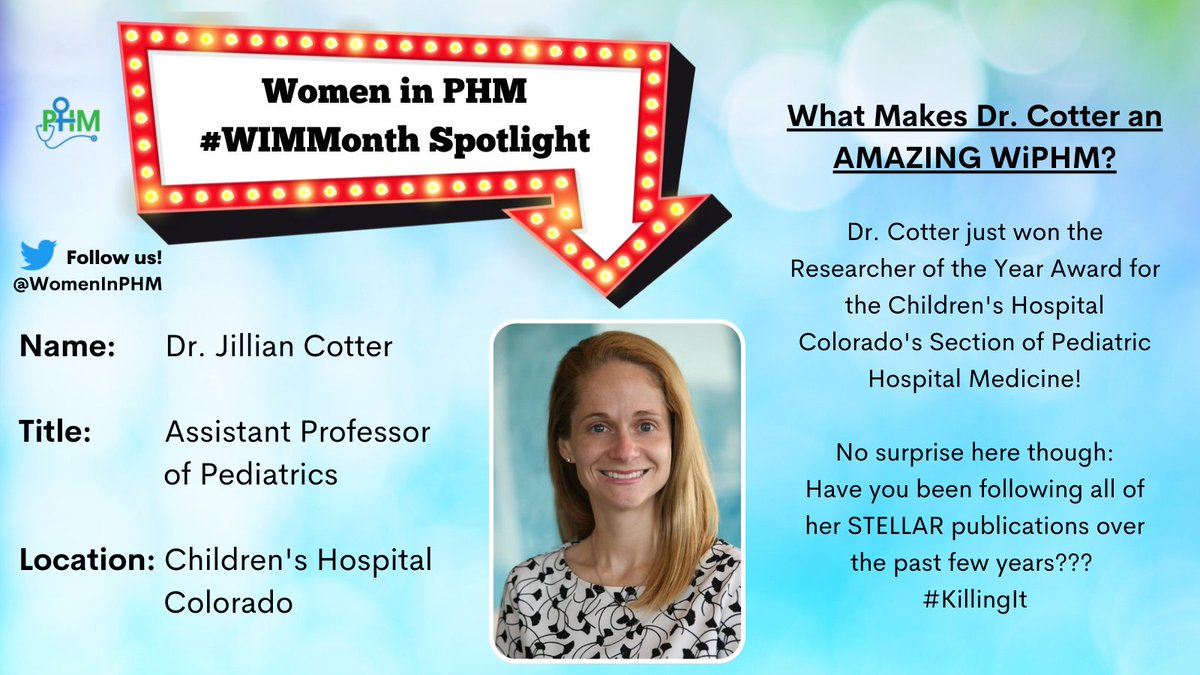 Last, but certainly far from least, for our #WIMMonth Spotlights is Dr. @jillianmcotter from @ChildrensColo @ColoradoPHM! Did you know Dr. Cotter won her section's Researcher of the Year award?! Congratulations!!!

@ChildrensCO_Pro @CUAnschutz @CO_PHMFellows #InvestInHer