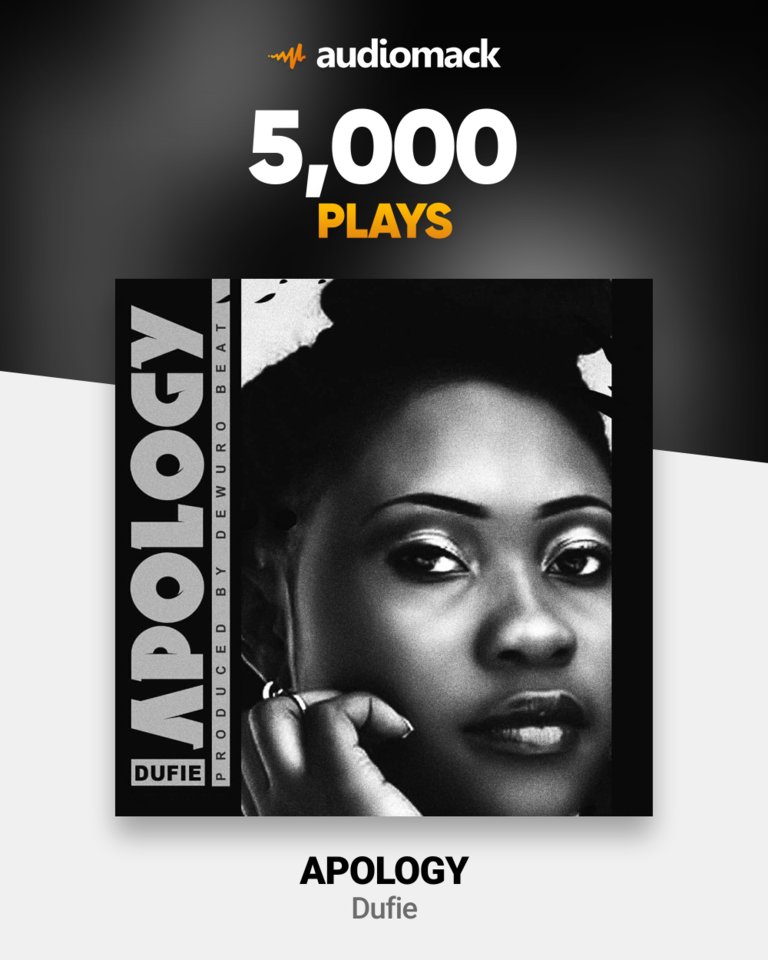 DufieMusic's tweet photo. #Apology hits 5000 plays on Audiomack. Thank you for streaming ❤️
https://t.co/O0Cg5B1poz https://t.co/2D78ird8H9