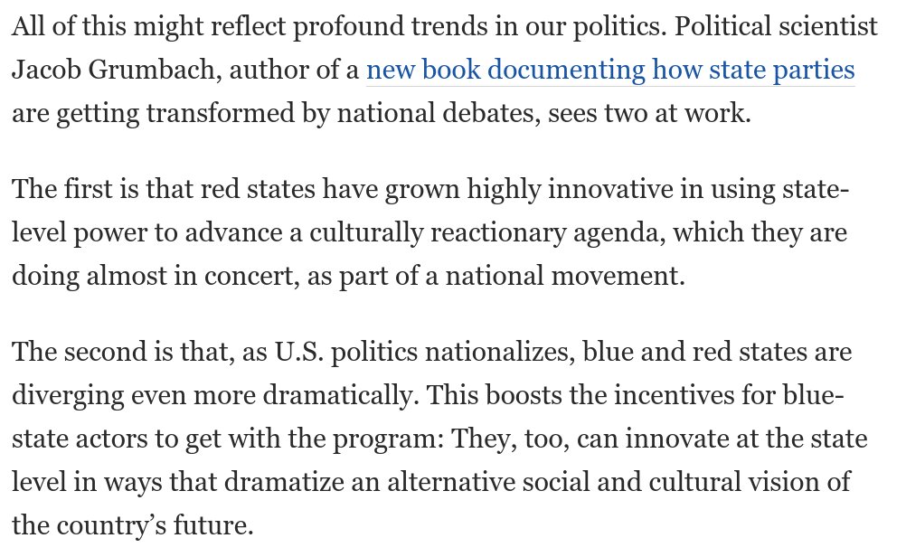 GregTSargent's tweet photo. Interesting from @JakeMGrumbach about deeper trends here:

1) Red states have grown very innovative in advancing a reactionary national agenda.

2) Incentives are rising for blue states to innovate this way, to offer a clear alternative national vision

https://t.co/ReNx8TZ3hI https://t.co/RFml9E8GFS