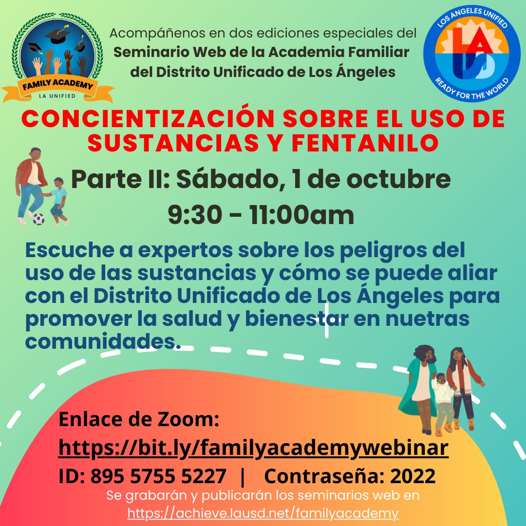 Superint. Carvalho lo invita a una Edición Especial de Webinar de la Acad. de Familias: 'Parte 2 de 2: Uso de sustancias y consejos para padres para dirigir conversaciones familiares. Únanos hoy a 9:30am: bit.ly/familyacademyw…; ID: 895 5755 5227; Código de acceso: 2022