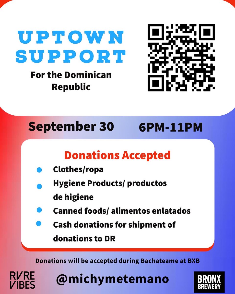 djmaddylane's tweet photo. Today is our fave day #bachateame day 💃🏽 

Dj’s @AmenTheProducer @djalexthekid &amp; myself 

Hosted by @ptm_dualita 

We will also be supporting our uptown community in their efforts of collecting donations for DR 🇩🇴 details on flyer 

Proof of donation = a free beer 🍺🫶🏾 https://t.co/t3fnY2IpmE