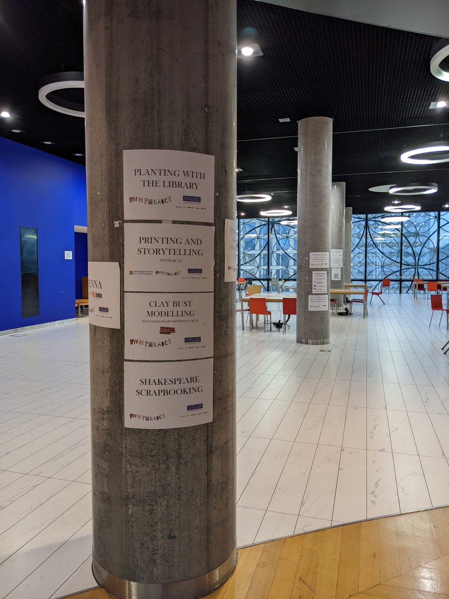 LAJansenParkes's tweet photo. Signs are up, @LibraryofBham is ready for @E2EShakespeare #FunPalaces  tomorrow! So excited to be making alongside @Lightpost_rep @toldbyanidiot93 @ShakespeareBT @cuckoosia @JQresearchtrust @DESIblitz @bertzassociates @BirminghamRep and a crack team of #volunteers ! @FunPalaces https://t.co/L8rVHen8da