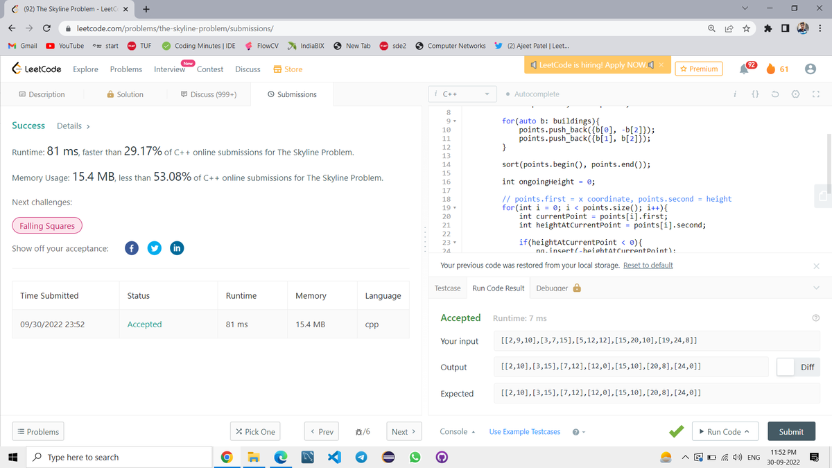 mpathak382's tweet photo. Completed Day 92 of the 100 Days of Code Program by  @CodeinCommunity Supported by 
@MinutesCoding

I solved Skyline problem on Leetcode.
https://t.co/4rfYVzEeYS
Discord -https://t.co/DXwhp7UUAT

#100daysofcodechallenge #codeincommunity  #codein100daysofcode #100DaysOfCode https://t.co/RRFszNtLEC