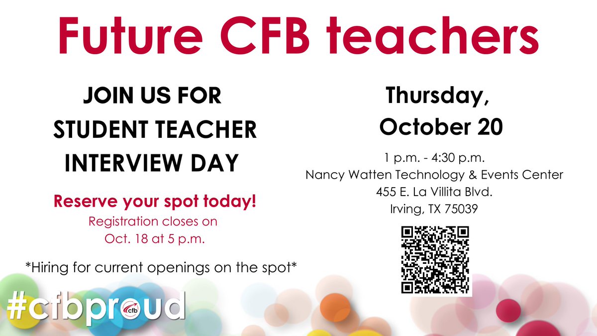 CFBISD's tweet photo. Are you a student teacher about to graduate college &amp; looking for a teaching position? Join us for our student teacher interview day on Oct. 20! ⭐️We will be hiring for current openings on the spot!⭐️ Register at  https://t.co/VMc32uFqr1. #discovercfb #cfbproud https://t.co/nVIGR00SAy