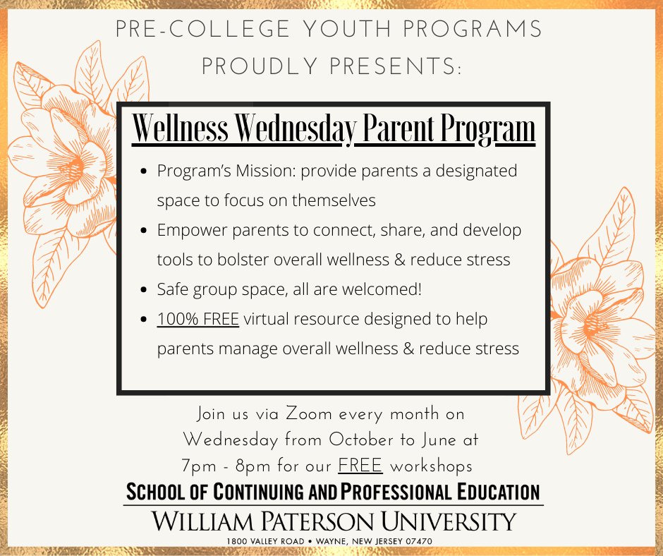 WP Youth Programs (@wpyouthprograms) on Twitter photo Wellness Wednesday Parent Program is back for its 3rd year! Please click below for more information or email marzanol@wpunj.edu
tinyurl.com/4zhpcj39 Wellness Wednesday Parent Program is back for its 3rd year! Please click below for more information or email marzanol@wpunj.edu
tinyurl.com/4zhpcj39