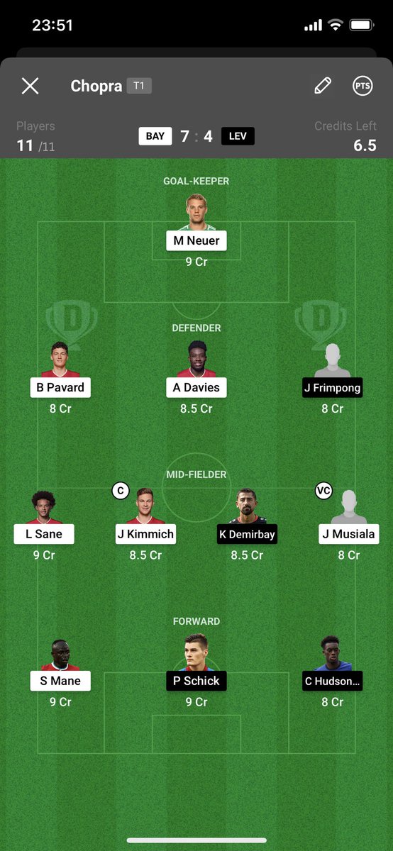 DFSAnalyst2's tweet photo. #GLTeam for Match #BAYvsLEV BAYERNvsLEVERKUSEN #glteam #dream11                                                                        #GLTeamDream11 #dream11team #earneasymoney #freeglteam https://t.co/Gsqjl1t40V