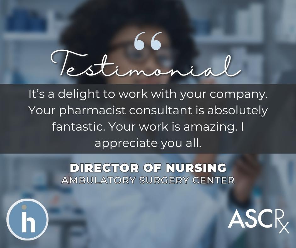 IndispensHealth's tweet photo. Don't take our word for it, hear what our ASCRx client's are saying,
“It’s a delight to work with your company. Your #pharmacist consultant is absolutely fantastic. Your work is amazing. I appreciate you all. Thank you.”
— Director of Nursing, #ASC
💻 https://t.co/bu69726ZrY https://t.co/y4WQYqjjYq