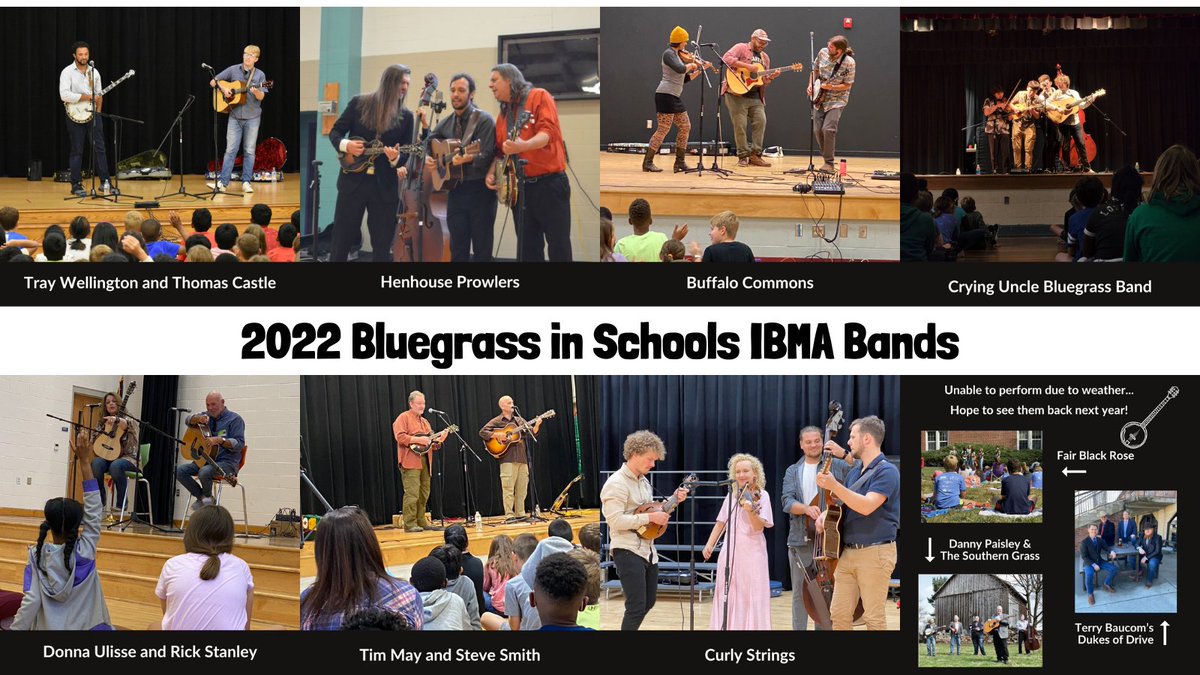 Many thanks to <a href="/IntlBluegrass/">IBMA</a> <a href="/WCPSS/">Wake County Public School System</a>  IBMA Foundation  <a href="/PineConeNC/">PineCone</a> and all the amazing bands that made our 2022 #BluegrassinSchools fun &amp; informative for so many students. Many of these bands are performing this weekend at Bluegrass Live!  Go check them out! #AIS4All #Arts919