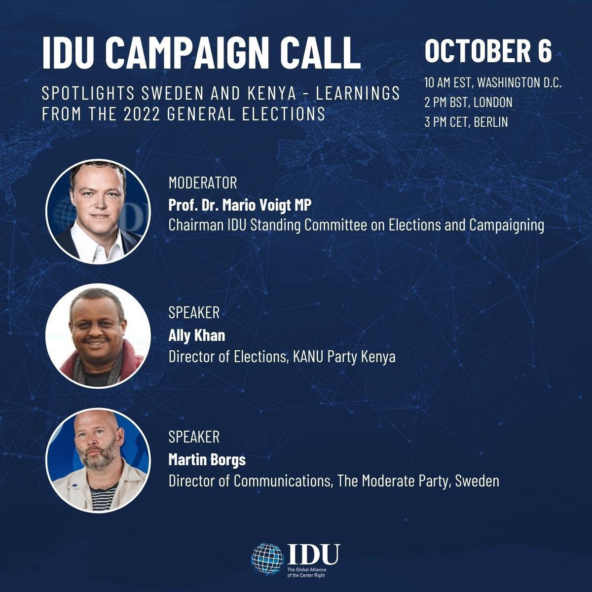 JOIN us next week for the IDU #Campaign Call with partners from #Kenya and #Sweden discussing the latest general #elections. 🗳 🇰🇪 🇸🇪