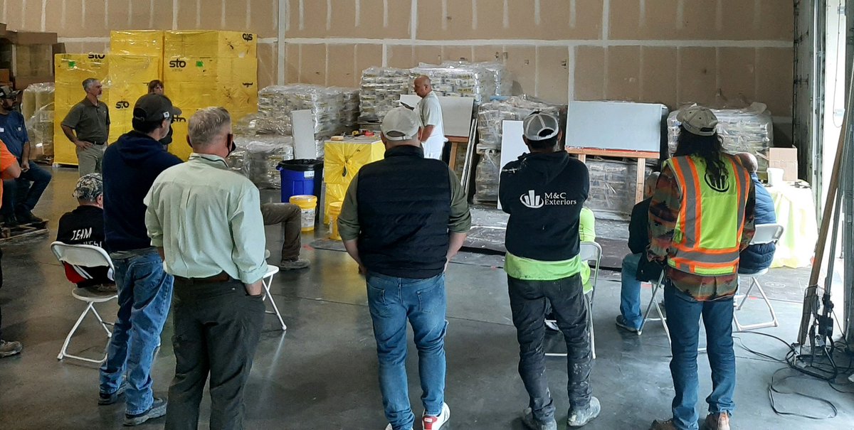 StoCorp's tweet photo. Thank you to our attendees from Dream Plastering, Kingsmen Contracting, @WPIBuilds, M&C Exteriors, HL Stucco, and Prominent Construction for joining us to learn about how #CreativityBegins with performative aesthetics that go beyond traditional materials. https://t.co/YRoY9acPsJ