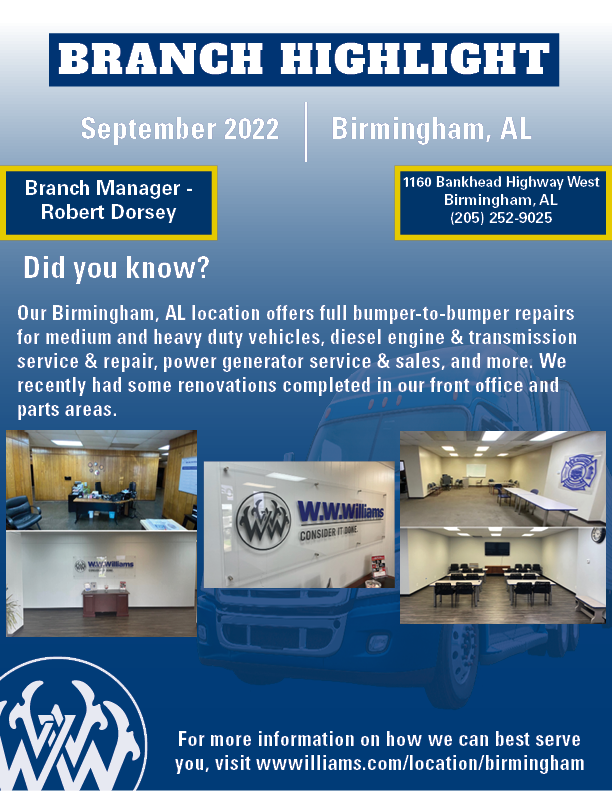 Next up on our branch highlight is our Birmingham, AL branch. They recently had some renovations done to their front office and parts area. Check out more below! Visit WWWilliams.com/birmingham to see how this location can best serve you.